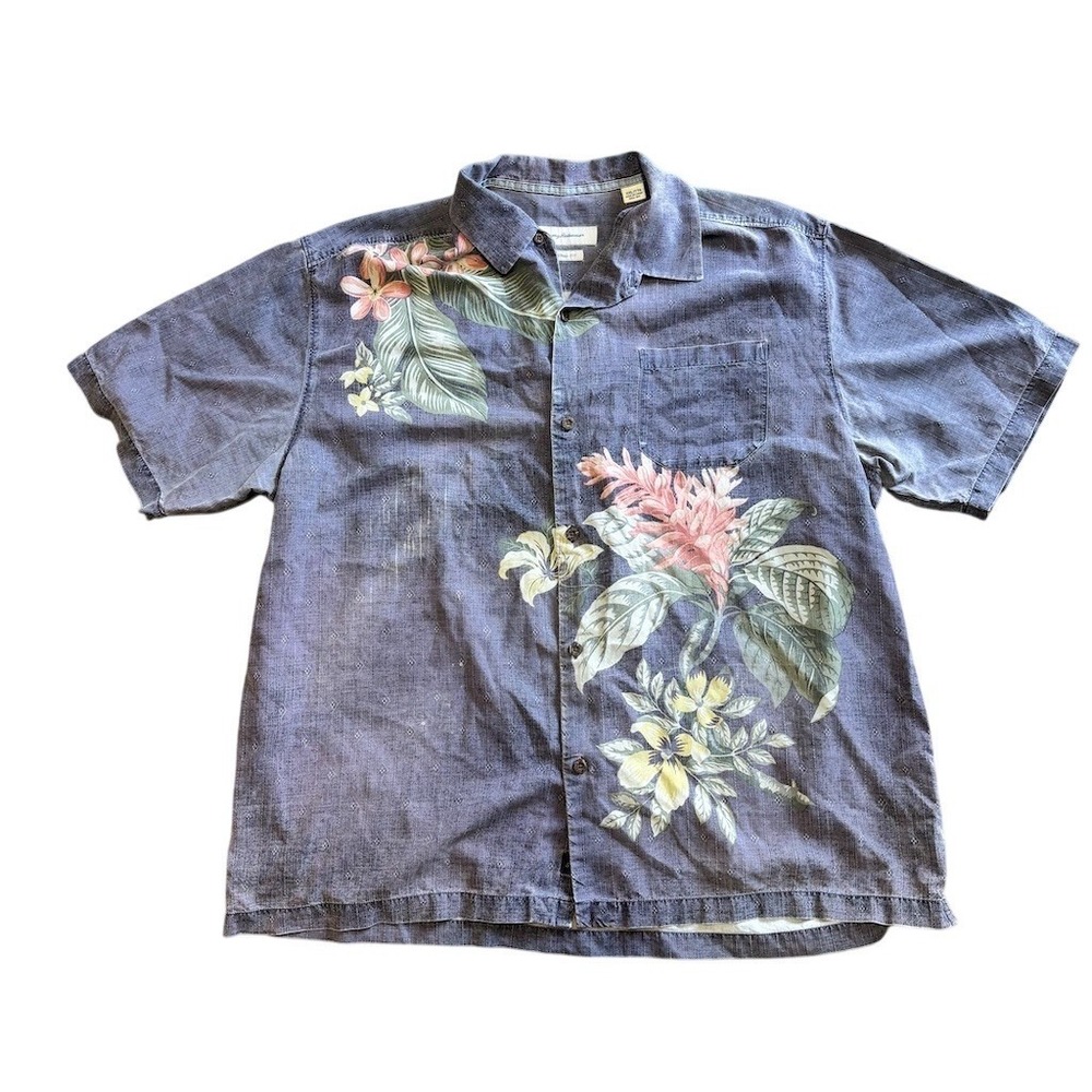 Tommy Bahama Hawaiian Camp Shirt Mens 2XL Blue Floral Short Sleeve